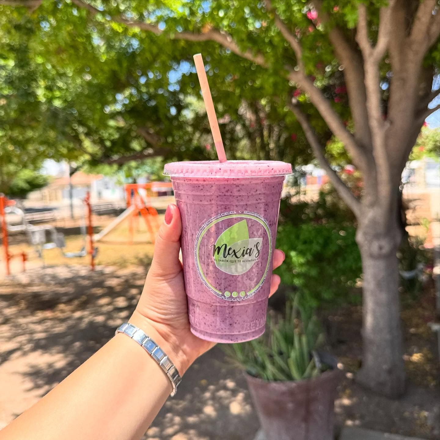 Smoothie morado frente al parque